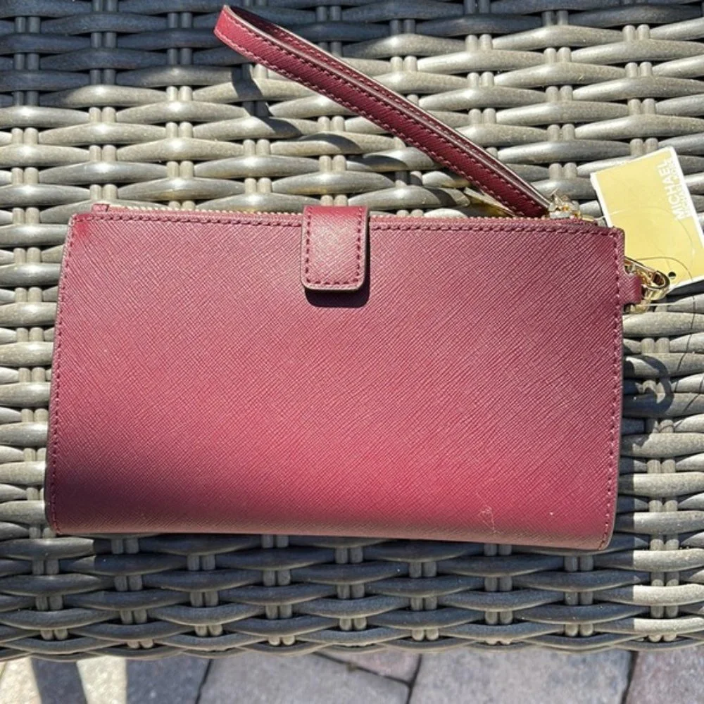 Michael Kors Jet Set Travel Large Double Zip Wristlet Wallet Dark Cherry Leather - Picture 11 of 16